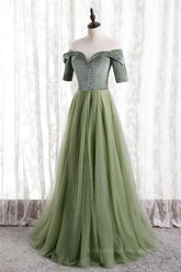 Formal Dress To Attend Wedding, Dusty Sage Beaded Illusion Neck Off-the-Shoulder Long Formal Dress with Sleeves